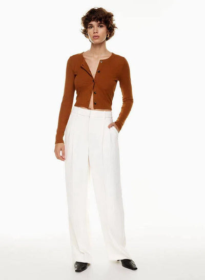 High Waist Straight Trousers With Pockets Wide Leg Casual Suit Pants For Women-White-5