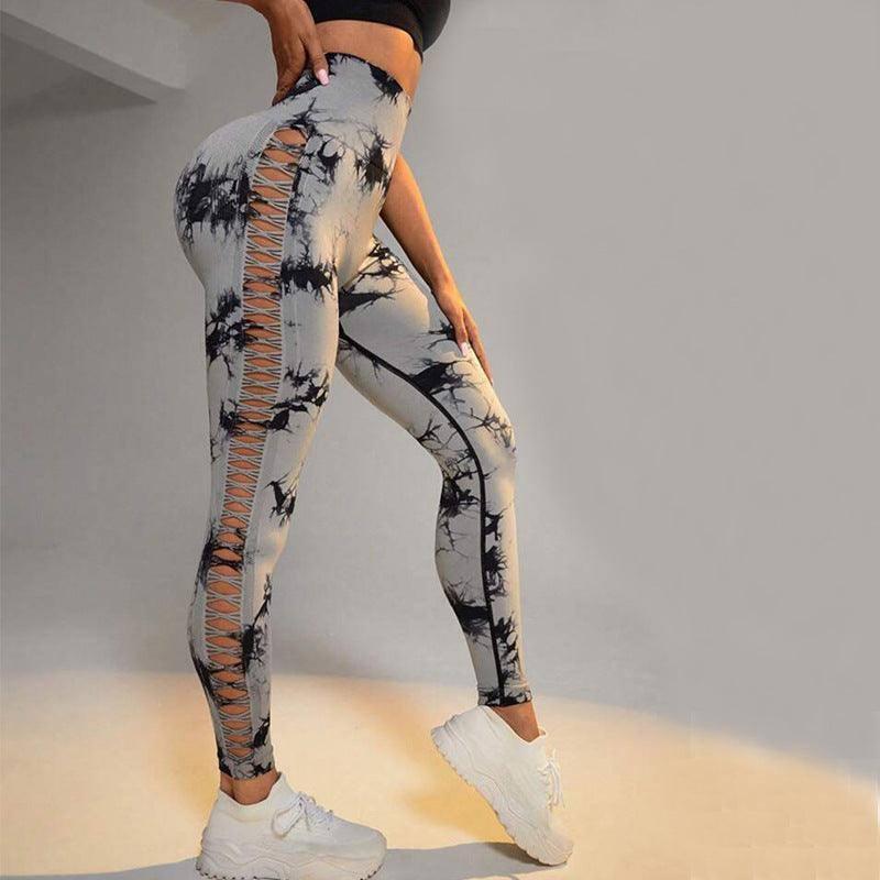 Hollow Tie Dye Printed Yoga Pants High Waist Butt Lift-Light Grey-11