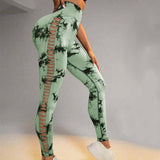 Hollow Tie Dye Printed Yoga Pants High Waist Butt Lift-Green-12