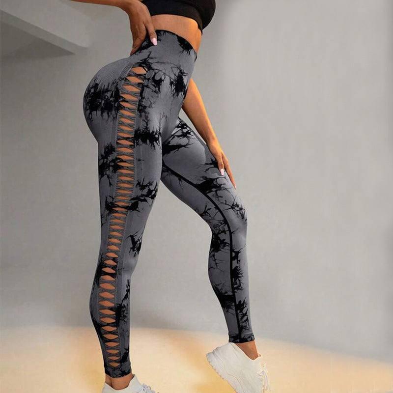 Hollow Tie Dye Printed Yoga Pants High Waist Butt Lift Seamless Sports Gym Fitness Leggings Slim Pants For Women Tight Trousers-Black Grey-7