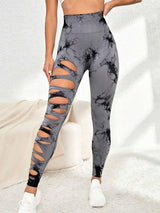 Hollow Tie-dye Yoga Pants High Waist Hip Lift Fitness Pants-Tie Dyed Gray-11