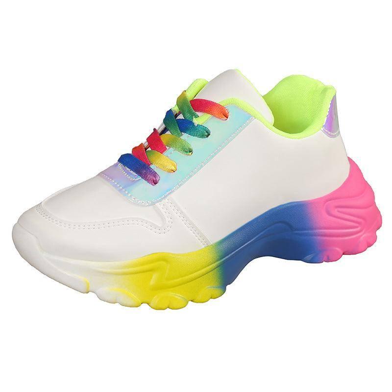 INS Style Rainbow Color Sports Shoes For Women Thick Bottom Lace-up Sneakers Fashion Casual Lightweight Running Walking Shoes-White-10
