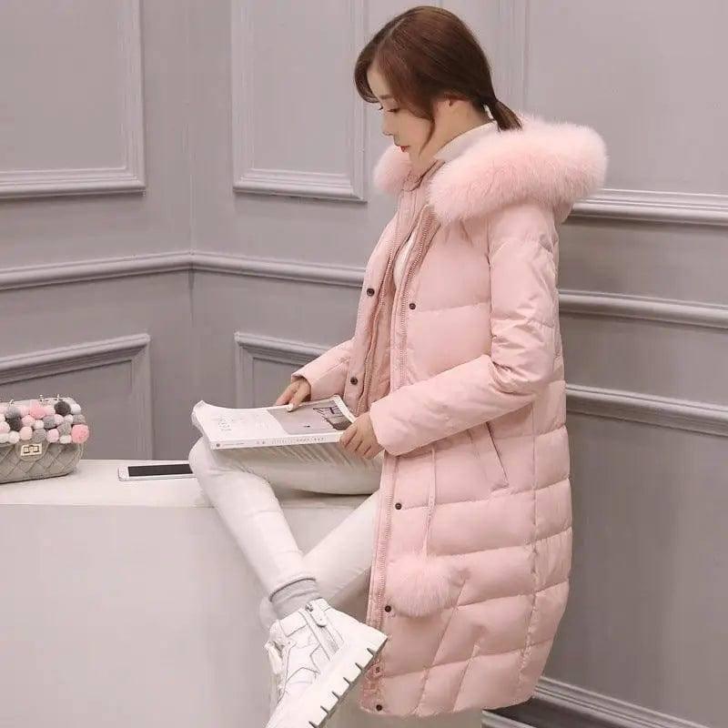 Korean down cotton-padded overcoat for women over the knee-Pink-6