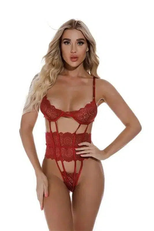 Lace Open Back Lingerie One Piece Bodysuit Sleepwear-Winered-2