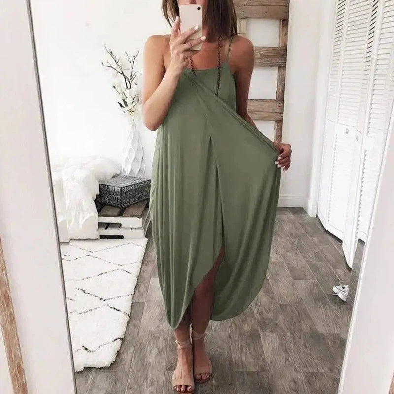 Ladies Casual Solid Color Fashion Dress Sling Skirt-Beangreen-6