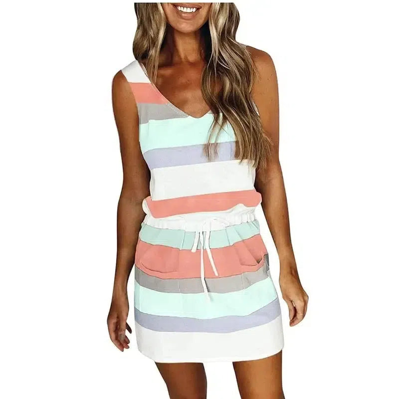 Ladies Color Striped Pocket V-neck Waist Halter Dress-10