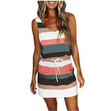 Ladies Color Striped Pocket V-neck Waist Halter Dress-Stripe1-3