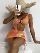 Ladies Fringe Three Piece Swimsuit Bikini-Orange-2