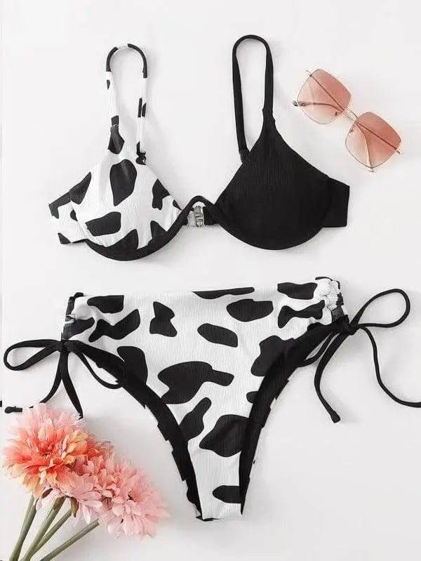 Ladies One Piece Underwire Cow Print Swimsuit-Blackandwhite-1