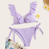 Ladies Split Solid Color Ruffled V-Neck Sexy Bikini Swimsuit-Purple-6