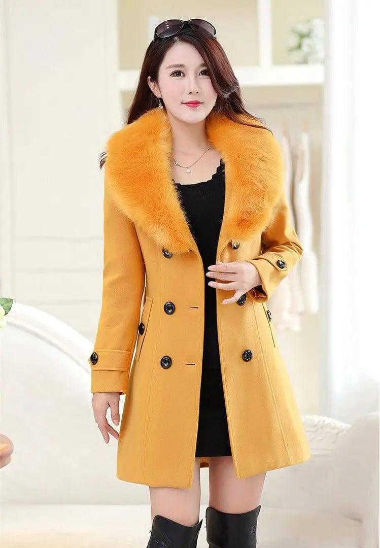 Large fur collar woolen coat-Yellow-10