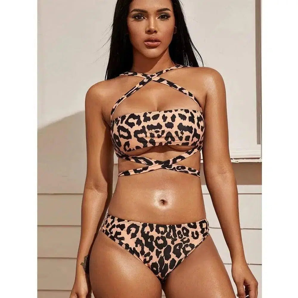 Leopard print strapless tube top swimsuit-2