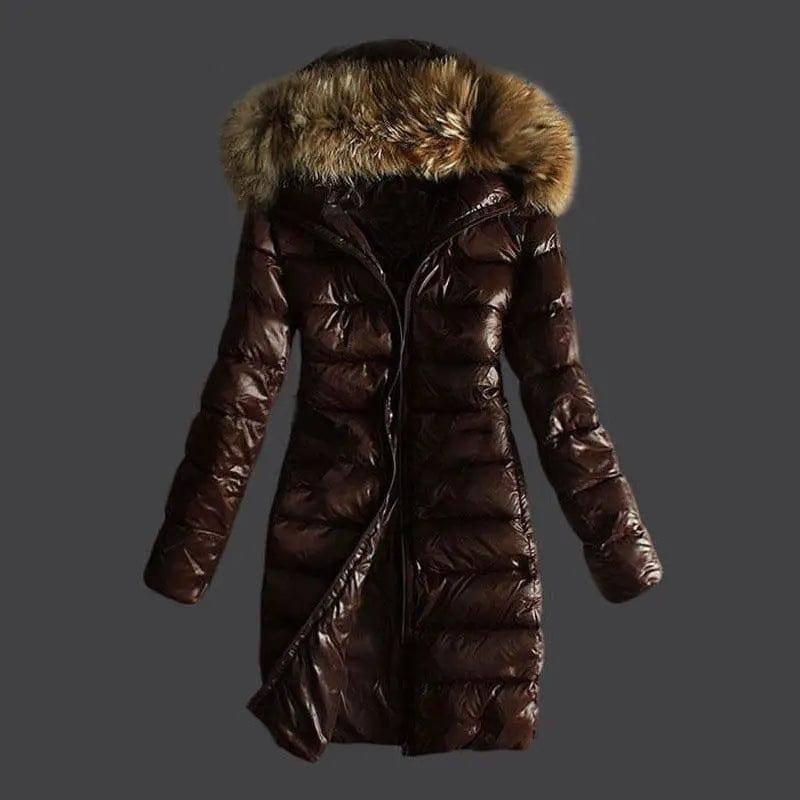 Long Quilted Jacket With Fur Collar And Raccoon Fur-Brown-6