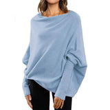 Loose Bat Sleeve Sweater Tops Simple Casual Fashion Versatile Solid Color Round Neck Sweater For Women-Blue-4