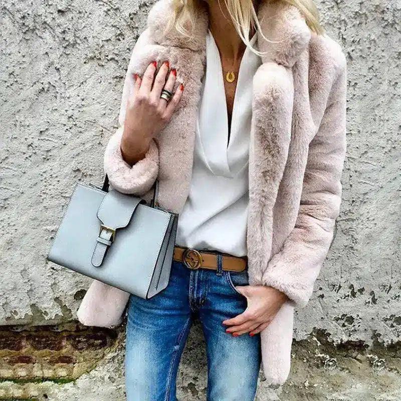 Women's Faux Fur Lapel Jacket - Solid Color, Long-Sleeved-1 Pink-4