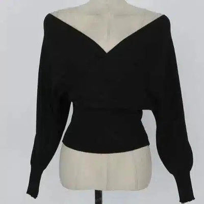 Women's V-Neck Knit Sweater Long Sleeve-black-2