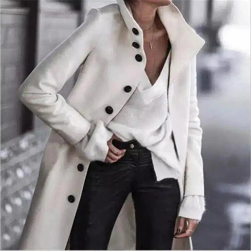 Women's Double-Breasted Peacoat with Large Buttons-White-2