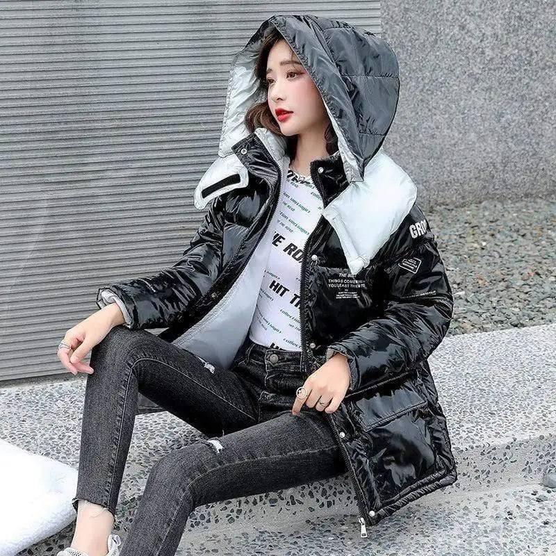 Casual fashion contrast color shiny down coat-White-6
