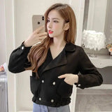 Double breasted waist long sleeve short coat-Black-3