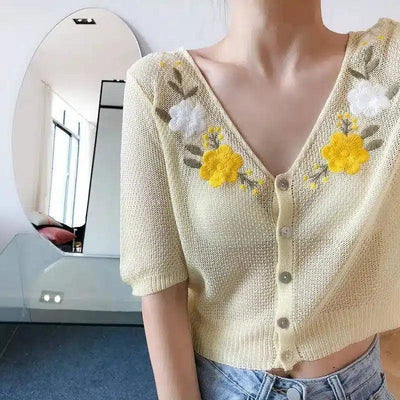 Floral Embroidered V-Neck Cardigan-Yellow-2