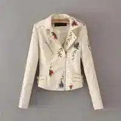 Floral Embroidered Leather Jacket for Women-Beige-4