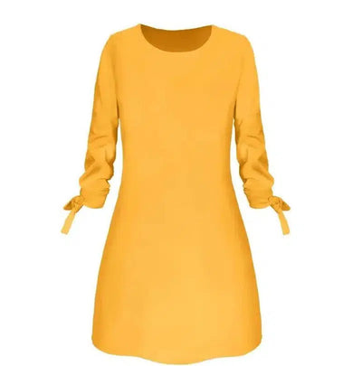 European and American solid color dress casual O-neck dress-Yellow-23