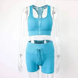 Fashion Casual Sleeveless Zipper Vest Drawstring Shorts Suit-Blue-4