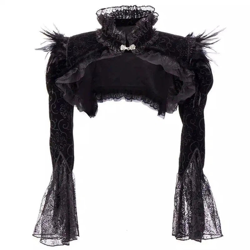 Lace Feather Trim Crop Top for Evening Wear-Black-1