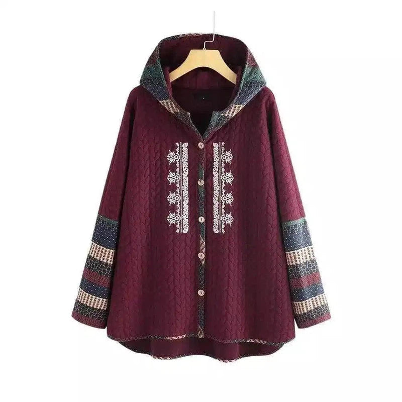 Quilted Women's Jacket with Ethnic Trim-Wine red-2