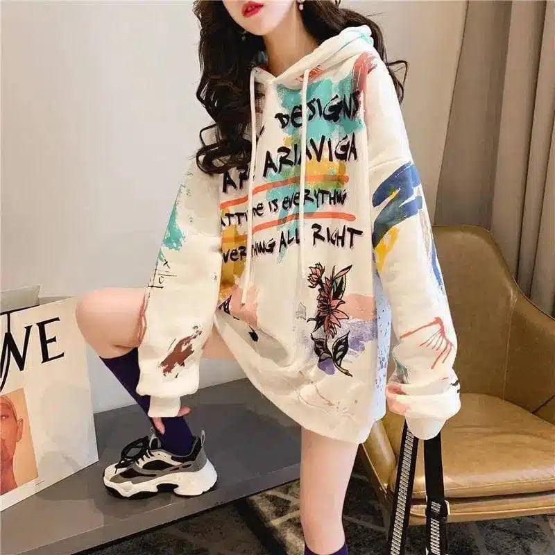 Graphic Print Oversized Hoodie for Casual Wear-White-2