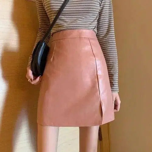 HOT Fashion Women Shiny Leather Skirts Female Solid Bodycon-Pink-15