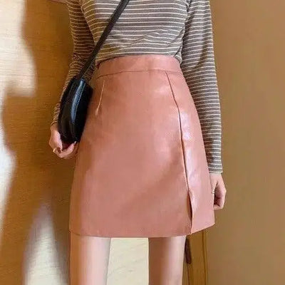 HOT Fashion Women Shiny Leather Skirts Female Solid Bodycon-Pink-17