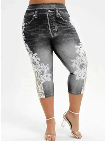 Imitation Denim Lace Stitching Print Leggings Woman-Black-2