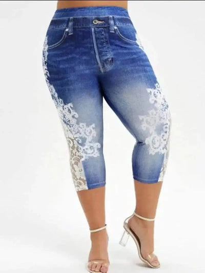 Imitation Denim Lace Stitching Print Leggings Woman-Dark Blue-3