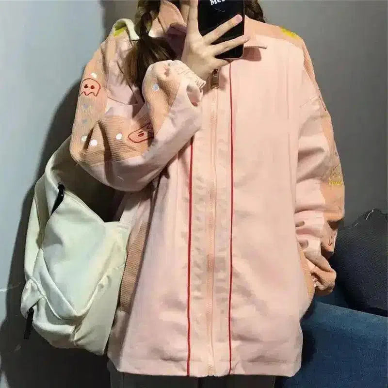 Casual Oversized Zip-Up Jacket with Pockets-Pink-2
