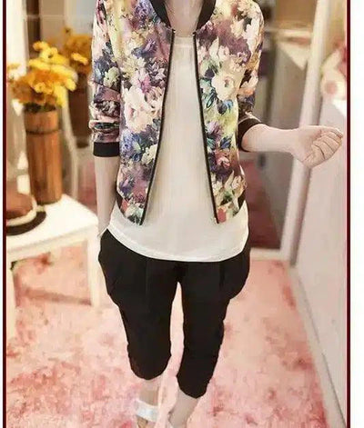 Jacket Trendy Wild Floral Zipper Stand Collar Long Sleeve-Printing-2