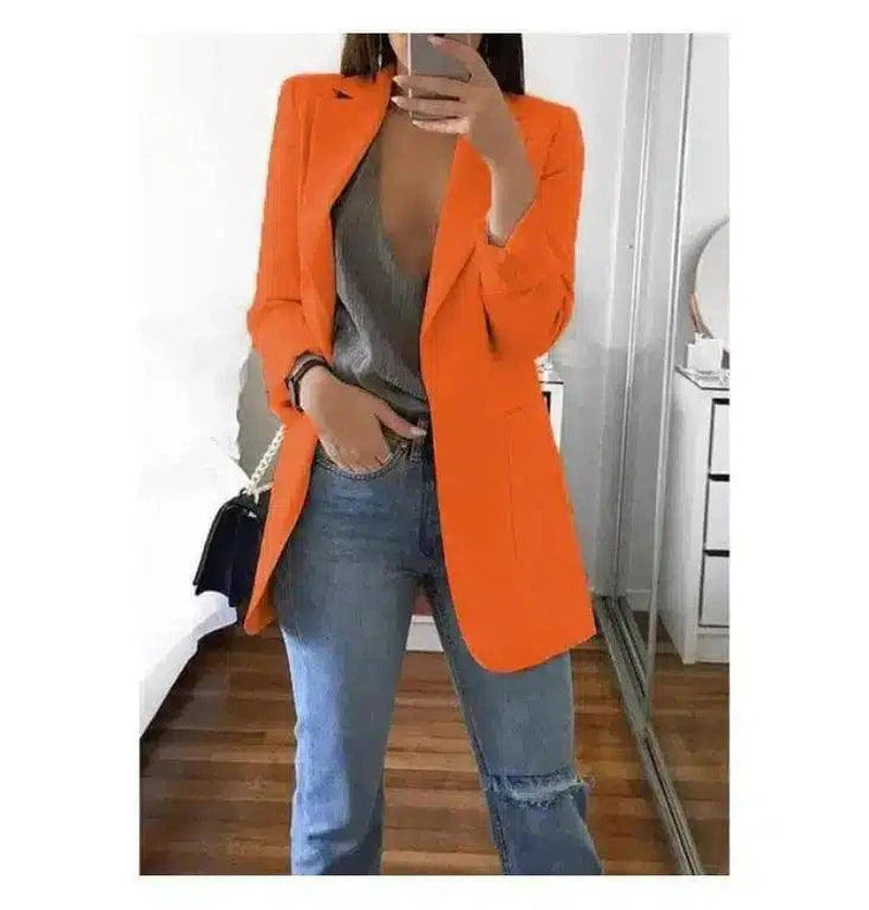 Office Lady Blazer Coats Lapel Long Sleeve Solid Cardigan-Orange-6