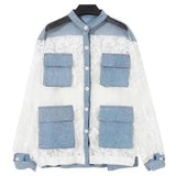 Lace Sleeve Denim Jacket for Women-Blue-2