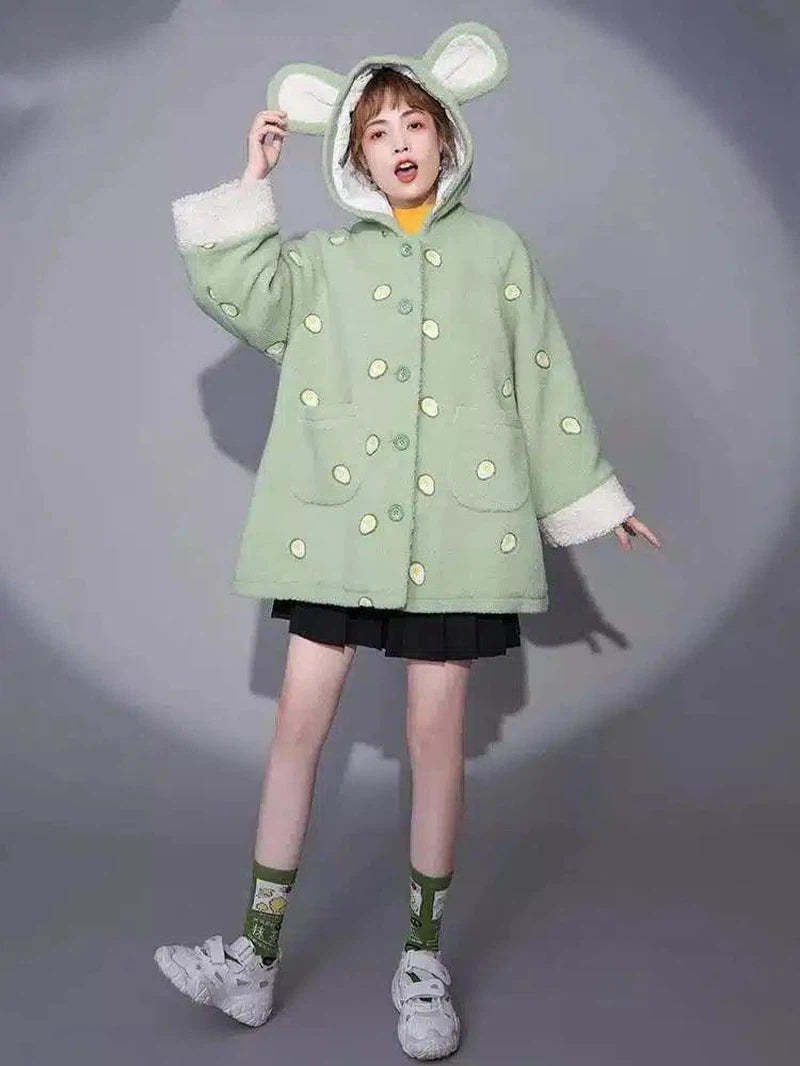 Printed cartoon hooded lamb wool coat-Green-1