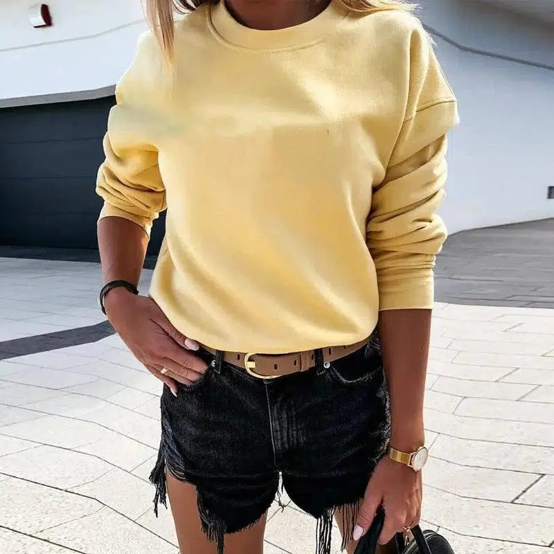 Pure Color Pullover Simple Long-Sleeved Round Neck Sweater-Yellow-2