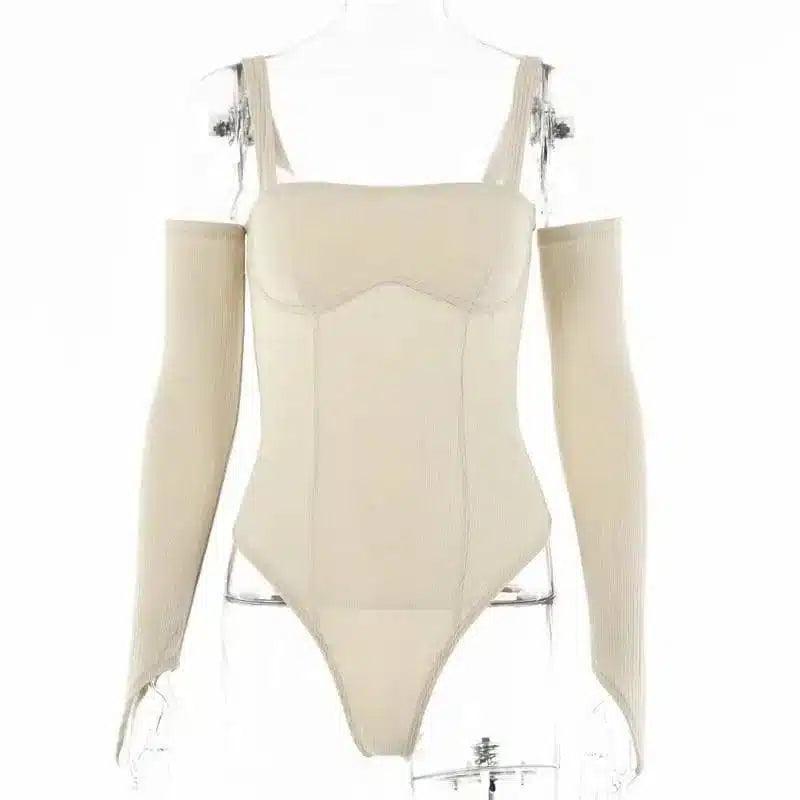 Women's Ribbed Bodysuit with Arm Warmers-Khaki-4