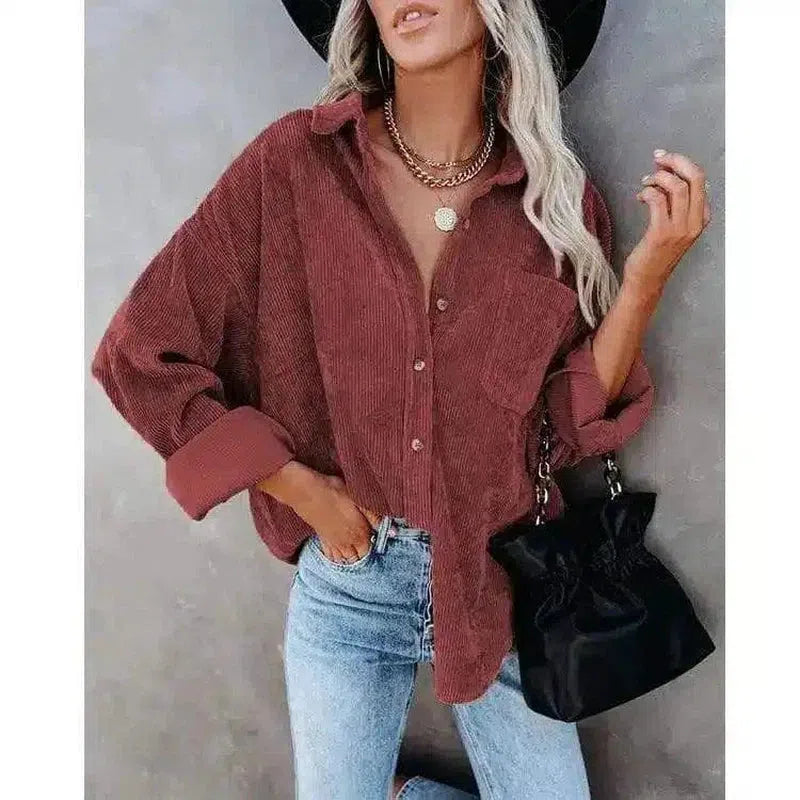 Women's Button-Up Casual Shirt Jacket-Wine Red-6