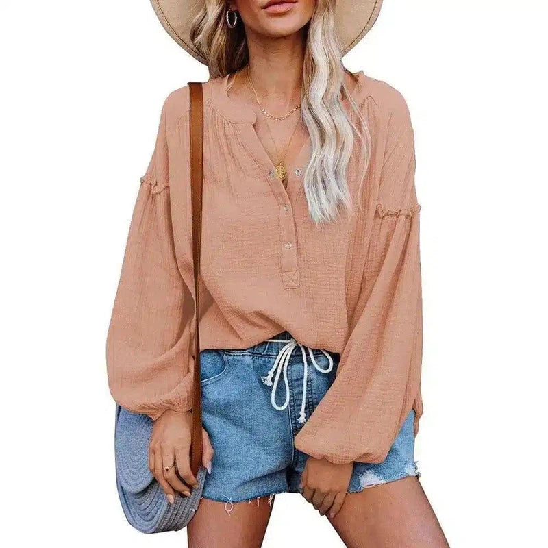 Women's Casual V-Neck Blouse with Long Sleeves-Pink-4