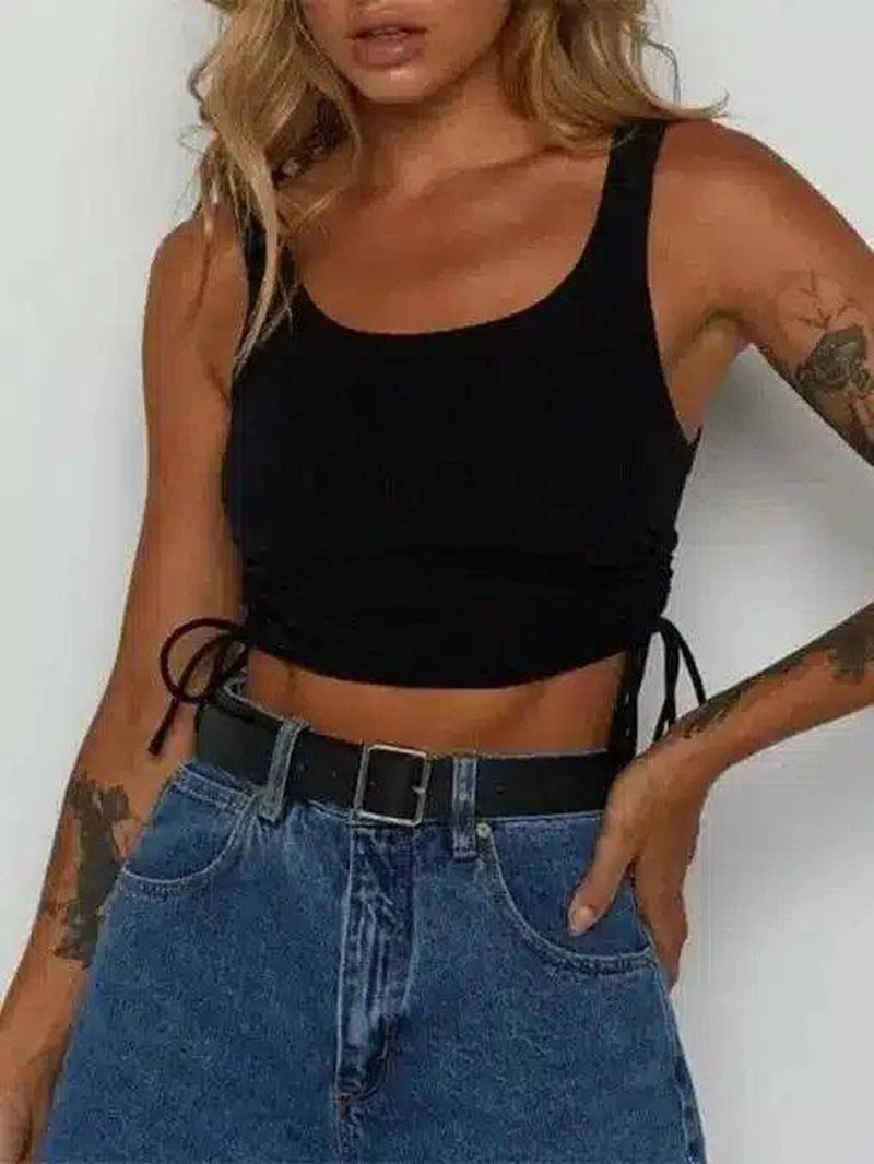 Women's Drawstring Crop Top Tank-Black-5