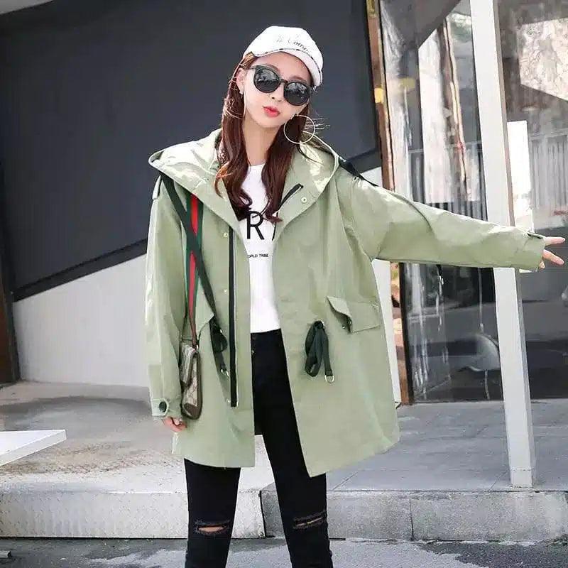 Hooded Raincoat with Drawstring Waist-Green-1