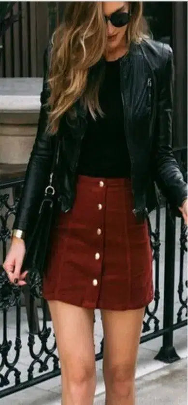 Suede Button-Front Skirt in Brown and Claret-Claret-7