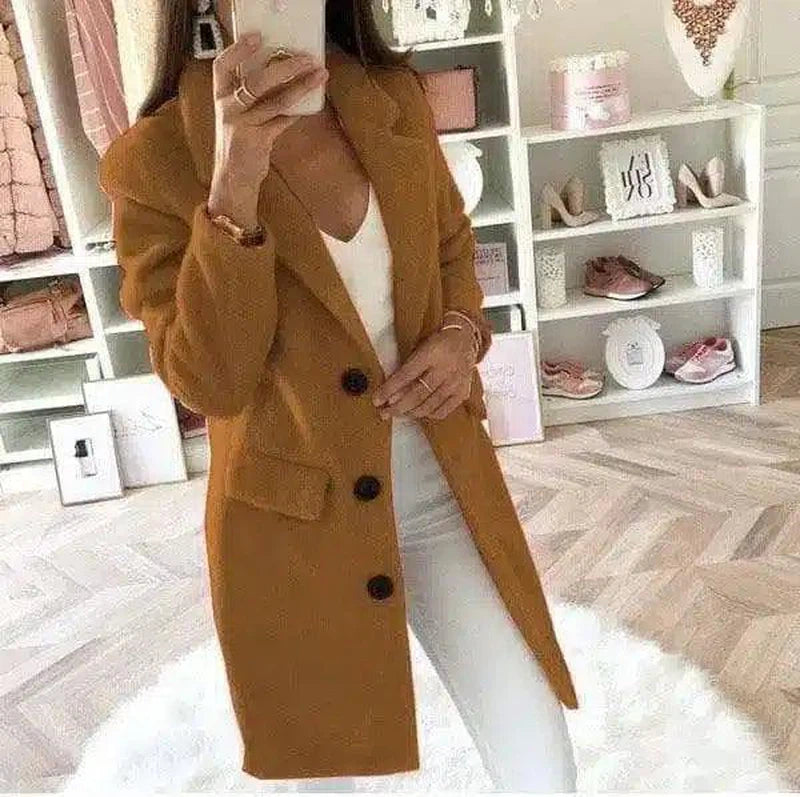 Womens Mid-Length Buttoned Coat-Camel-9