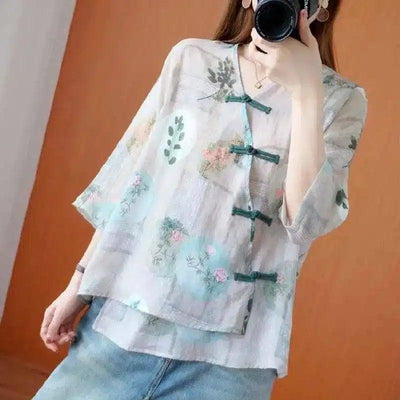 Summer retro printed cotton and linen shirt-White-1