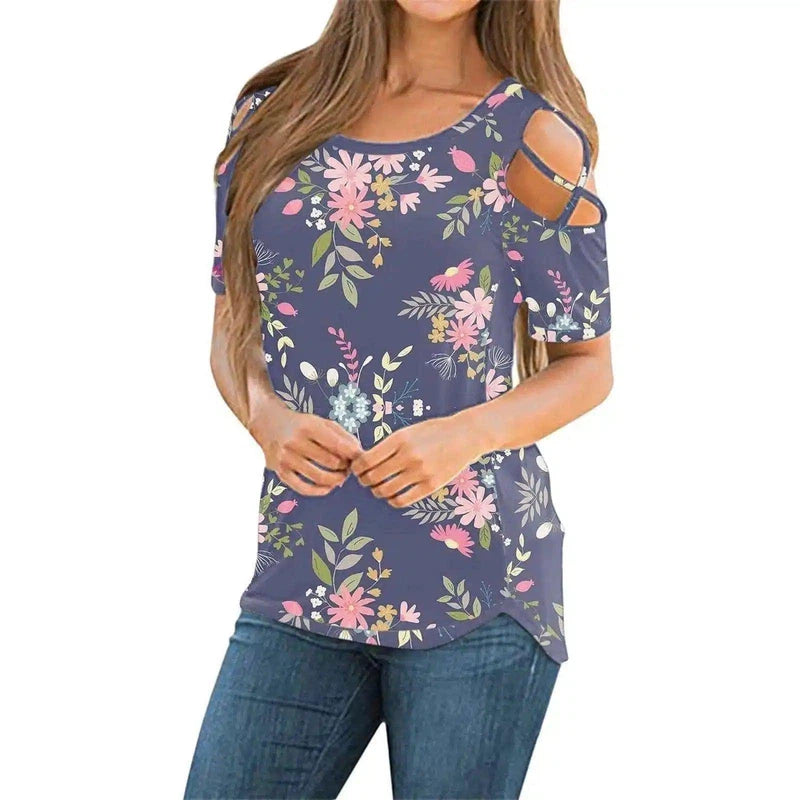 Cold Shoulder Floral Women's Casual Top-Photo Color-4