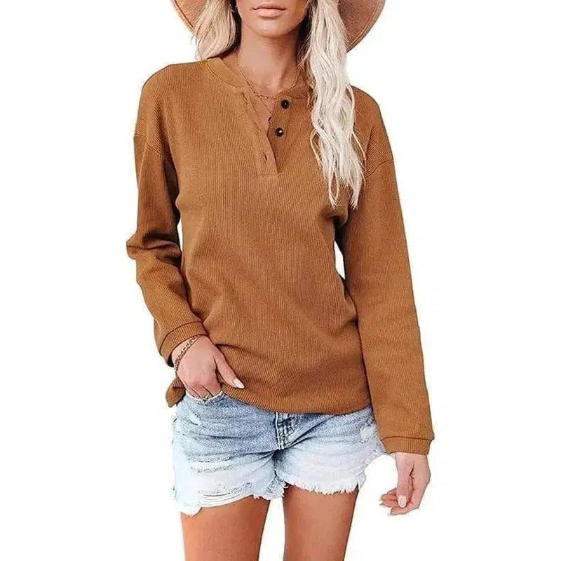 Top Solid Color V-Neck Long-Sleeved T-Shirt Polo Shirt Women-Brown-3